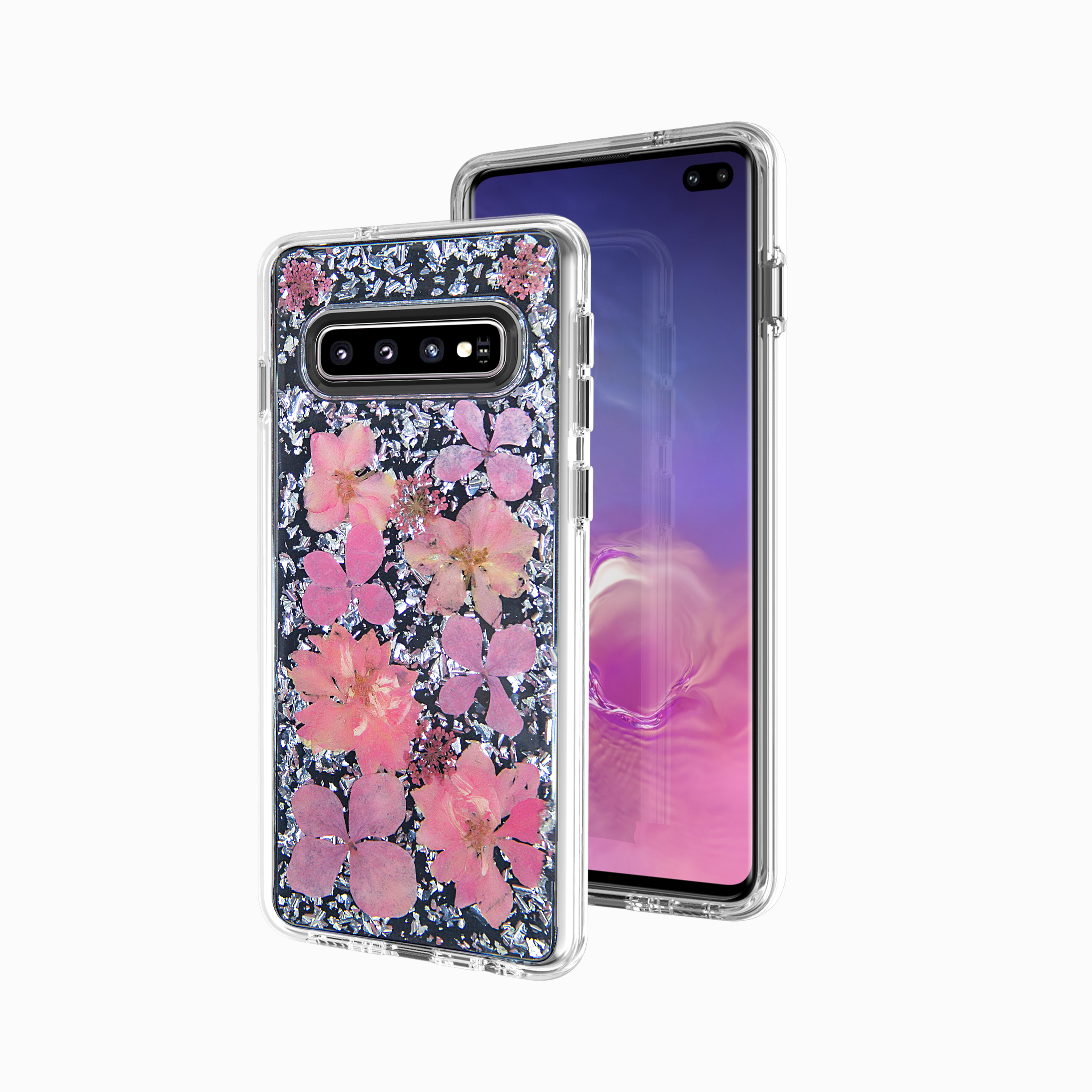 Galaxy S10 Luxury Glitter Dried Natural Flower Petal Clear Hybrid Case (Silver Pink)